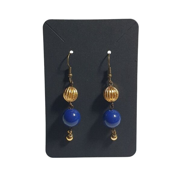 Gold Tone Blue Beaded Dangle Earrings Lightweight Hook Elegant Jewelry Mom Gift - Picture 2 of 4